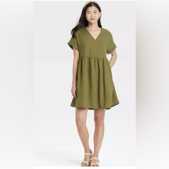 Universal Thread Linen Blend Olive Green Oversized Simple Babydoll Dress SIZE XS - Picture 1 of 7